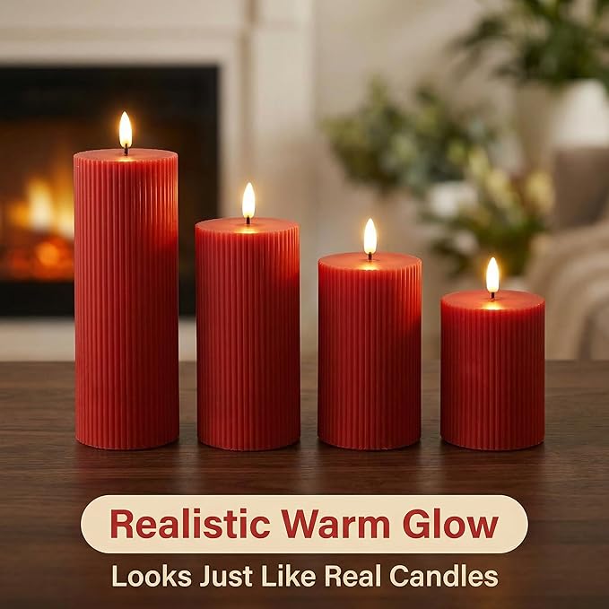 Red Ribbed Flameless Pillar Candles with Remote, Flat Top Flickering LED Wax Candles Battery Operated Set of 4