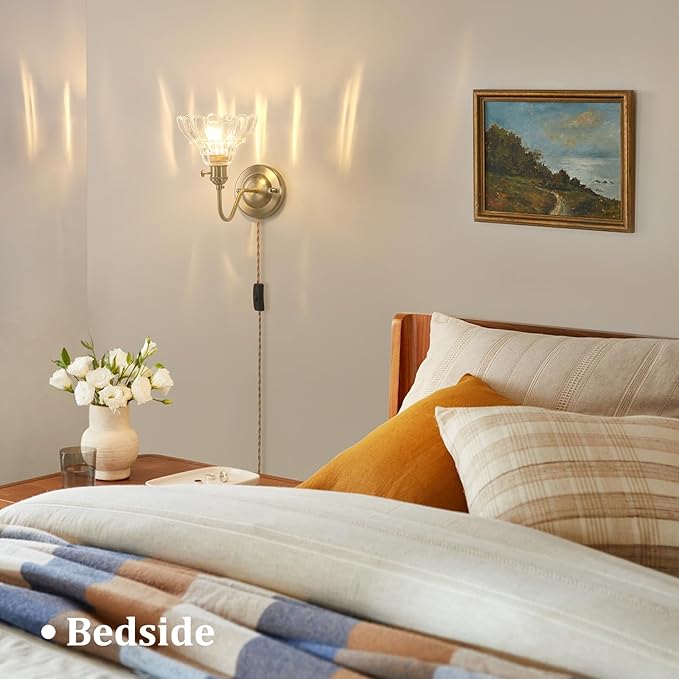Plug in Wall Sconce Set of 2, Gold Vintage Wall Decor Lights with Clear Lily Glass Shade, Indoor Brass Corded Wall Lamp Fixture for Bedroom Living Room Bathroom Hallway