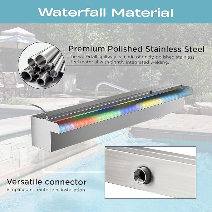 Pool Fountain Stainless Steel Waterfall with LED Lights - 35.4" LED Strip Remote Control with 18 Colors, Smooth Water Flow & Cascade Blade, Easy Installation for Outdoor, Garden, Patio & Ponds