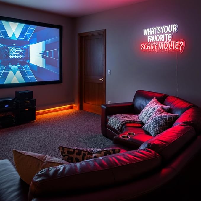 What's Your Favorite Scary Movie Neon Sign,Horror Movies Neon Signs For Wall Decor,LED Sign Wall Decor for Home,Movie Room,USB-Powered with Dimmer Function,for Spooky Season and Horror Fans