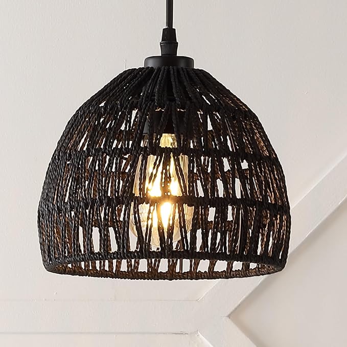 JONATHAN Y 8.25" Black Modern Bohemian Woven Rope LED Pendant Light Fixture, Adjustable Dome Ceiling Lamp for Kitchen Island, Rope Shade, Coastal Farmhouse Decor (JYL6512B)