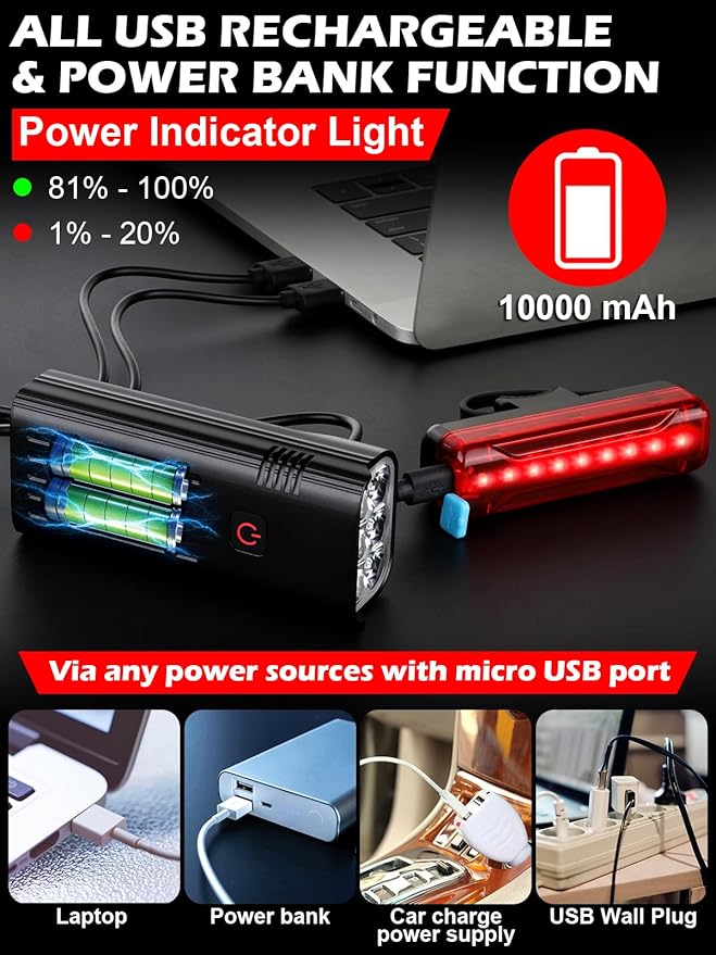 High Lumens Bike Lights Front and Back for Night Riding, 10000mAh USB Rechargeable 6 LED Bicycle Light, 5+5 Modes Bike Headlight and Tail Light Set Runtime 60+ Hrs, IPX5 Waterproof