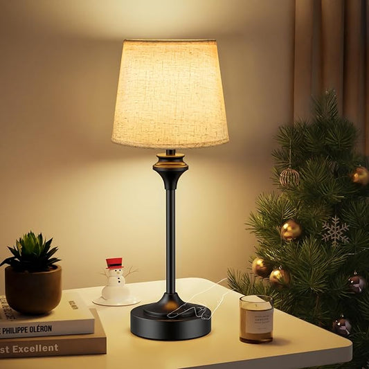NIORSUN Portables Cordless Table Lamp,Flaxen Fabric Shade Battery Operated Lamp,5200mAh Bedside Table Lamp with Warm White,3 Way Dimmable Touch Desk Lamp for Bedroom Living Room Restaurant (Black)