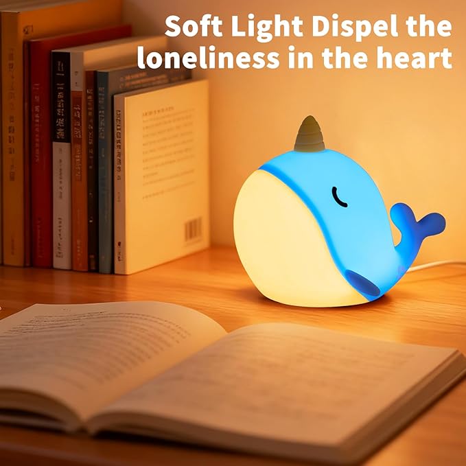 Cute Narwhal Night Light, Tap Control with 3 Warm White Brightness, USB Kids Bed Lamp with 30-Minute Timer, Soft Silicone Glow for Nursery, Birthday Gift (Blue Narwhal)