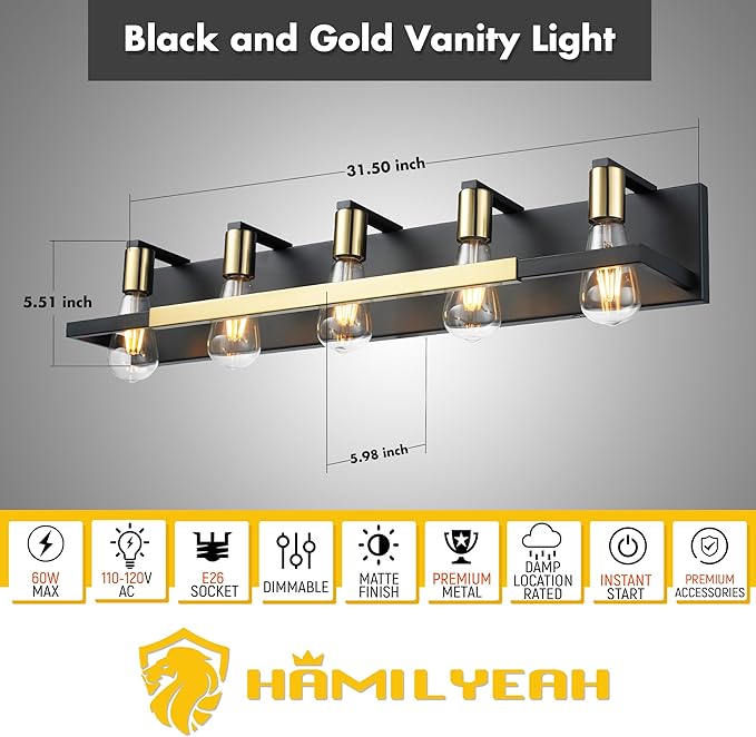 Hamilyeah 5 Light Bathroom Vanity Light Fixture Black and Gold, 32 inch Vintage Bathroom Lighting Fixture Over Mirror, Industrial Wall Mounted Lighting for Living Room, Dining Room