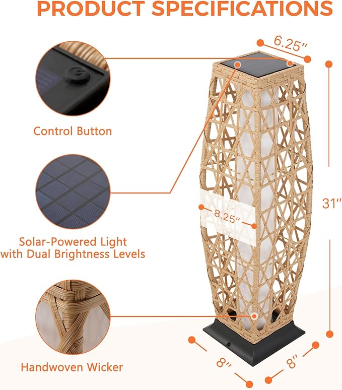 Grand patio 2-Piece Outdoor Floor Lamp Solar Lantern, Water-Resistant Wicker Boho Patio Light with 50/100 Lumens Dual Brightness & Memory Mode for Garden Porch Deck Decor, Large Cindy Natural