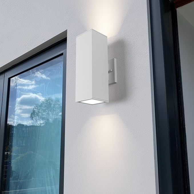 mirrea Modern Outdoor Porch Light Patio Light in 2 Lights with Aluminum Rectangular Tube and Tempered Glass Cover Waterproof Wall Sconce 2 Pack (Matte White)