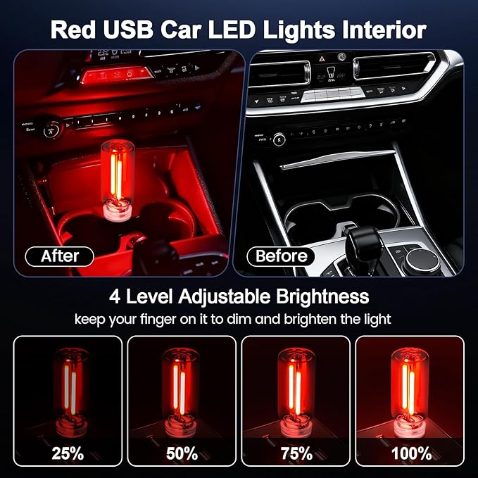 Kairiyard 2 PCS Red USB Car LED Lights Interior, Touch Control Adjustable Brightness Plug-in Retro Portable Glass Bottle Ambient Night Lights for Car, Computers, Party, Holiday Decoration, Bedroom