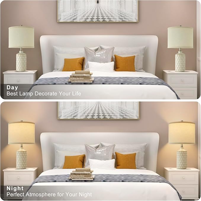 Luvkczc Vintage Farmhouse Table Lamp Set of 2, Grid Nightstand Lamp with Eye-Protecting Fabric Shade, 3-Color Temperature&2 Bulbs - Rustic Table Lamp Lamps for Living Room Bedroom Decor