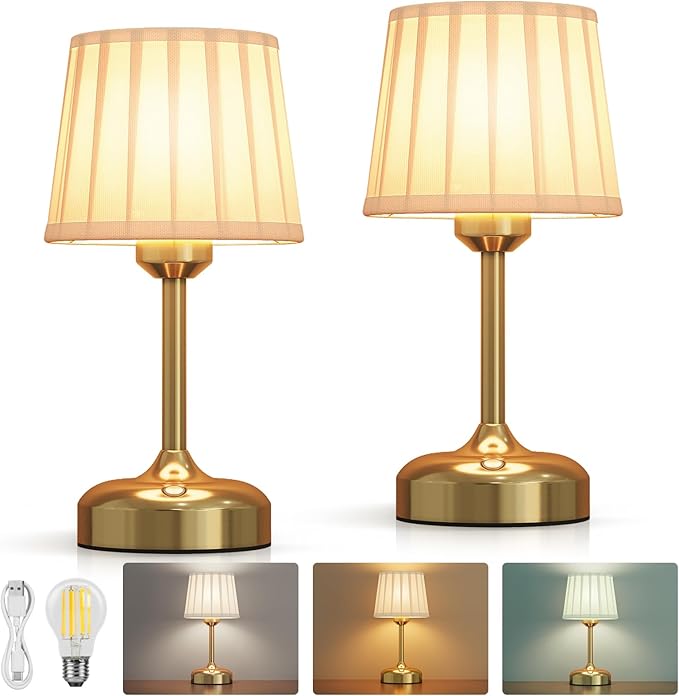 Cordless Table Lamp, Rechargeable Small Desk Lamp Faric Shade 5000mAh Beattery Powered Lamp Touch Stepless Dimmable Bedside Table Lamp for Bedroom, Living Room, Dining Room, Camping Gold