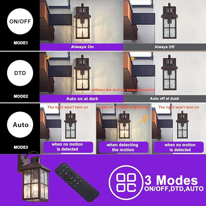 Porch Lights Outdoor with Remote Control: Motion Sensor Exterior Lighting Fixtures Intelligent 4 Lighting Modes Outdoor Wall Lights Sconce Lights for House Patio Front Door Garage