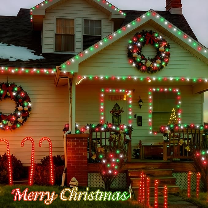 QITONG Red White Green Outdoor String Light, 165ft 500 LED Christmas Lights with 8 Modes, Clear Wire Twinkle Xmas Light Indoor Plug-in