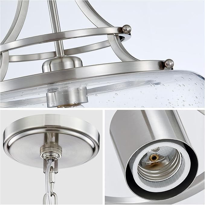 WUZUPS Chandelier Rustic Farmhouse Industrial Round Ceiling Pendant LED Light Fixture Clear Seeded Glass Shade for Dining Room Kitchen Island Foyer Entryway, H 17" x W 13.4", E26 Base, Brushed Nickel