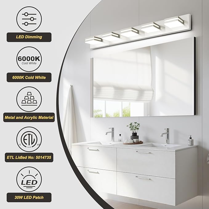 OKELI 5 Lights Bathroom Vanity Light Fixtures Brushed Nickel LED Dimmable Vanity Light Over Mirror Modern Wall Mounted Lighting Fixture, 350° Rotatable Lamp Head 36W Cold White 6000K ETL Listed
