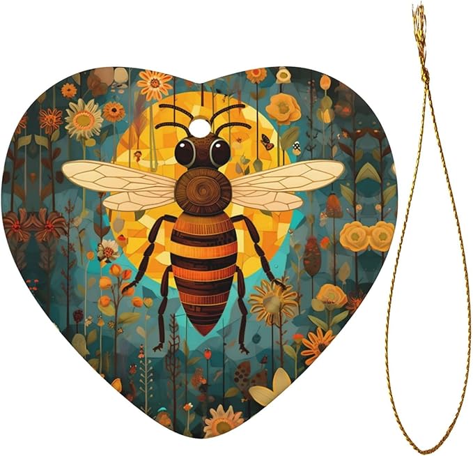 Bee Sunflowers Pattern Christmas Ornaments, Christmas Decorations Xmas Tree Hanging Ornaments, Heart-Shaped Ceramic Festive Keepsake Gift for Xmas Decorations Holiday Home Party