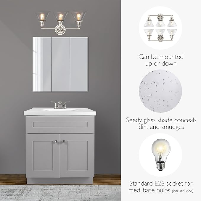 Design House Augustin Vanity Light, 3-Light, Seeded Glass Warm Glow, Dimmable, Up/Down Glow, Easy Installation, E26 Socket, Satin Nickel, 25.9 in L x 8.3 in D x 11.1 in H, 589036-SN