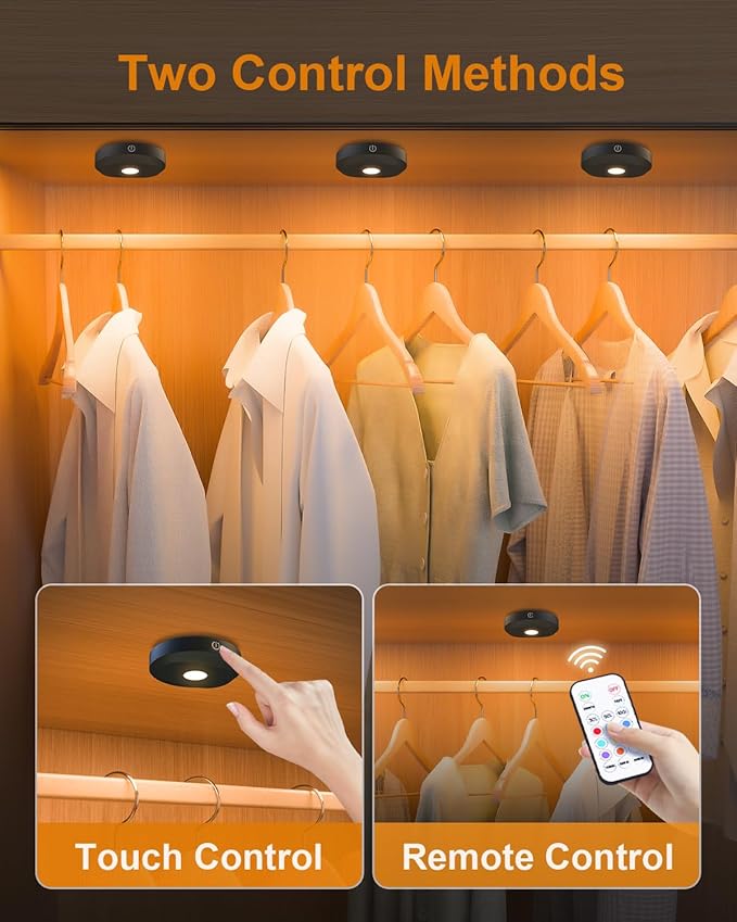 WILLED Under Cabinet Lighting Wireless,RGB Rechargeable Puck Lights with Remote Control,Battery Touch Tap Light with Timer Function,Stick On LED Lights for Kitchen,Cabinet,Counter,Closet,Shelf,6 Pack