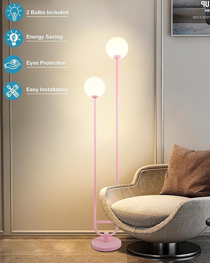 Lightdot 63IN Pink Floor Lamp, Modern Mid Century Globe Standing Lamps with 3000K LED Bulbs Included Candle Holder Style Unique Vintage Tall Floor Lamp for Living Room/Wedding/Sofa Beside/Corner Decor