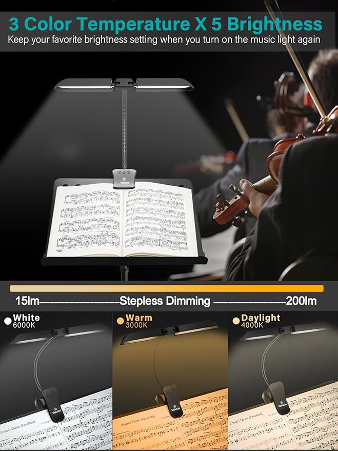 Vekkia 64 Led Rechargeable Music Stand Light - Folding Clip On Piano Lamp, Portable Professional with 5 Brightness×3 Color Temperature for Grand Piano and Book Reading