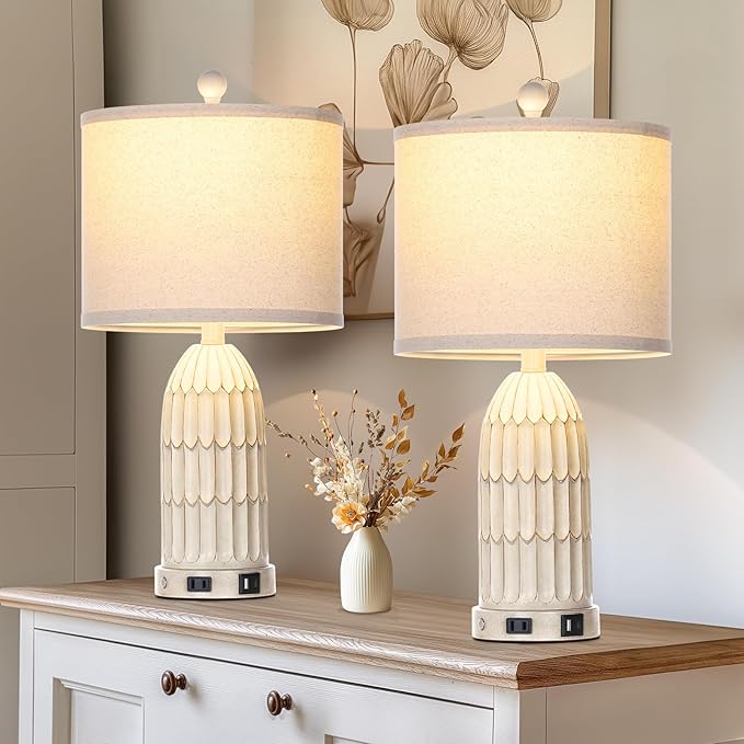 Farmhouse Table Lamps Set of 2, 3-Way Dimmable Touch Lamp for Bedroom Nightstand with USB A+C Ports & AC Outlet, White Vintage Boho Bedside Lamp for Living Room End Table (Bulbs Included)