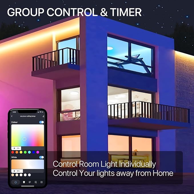 MELEGAN Smart Led Ceiling Light Flush Mount, 12 Inch 24W Ceiling Light Fixture Dimmable 2700K-6500K, RGB Ambient Light Fixture WiFi Compatible with Alexa Google Home for Bedroom Living Room