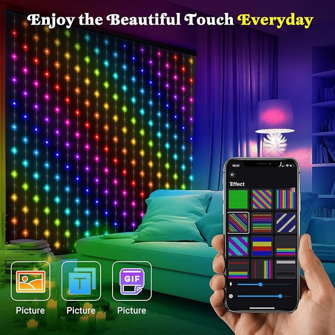 Smart Curtain Lights 400 LED, Color Changing LED Curtains Light 6.6 * 6.6 FT, DIY Fairy String Light Curtain for Bedroom Backdrop Party Indoor Outdoor Holiday Decor (APP +Remote Control)