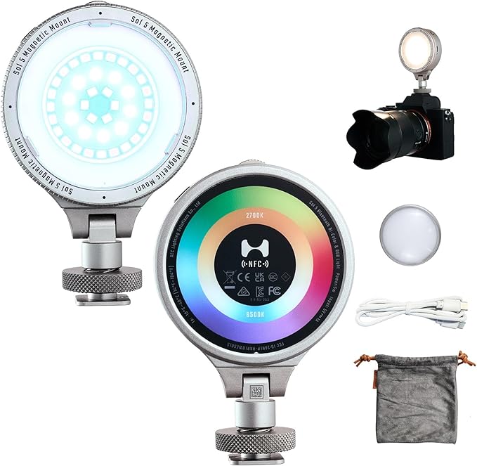 Harlowe Sol 5 Spectra On Camera Light Kit Portable Cold Shoe Mount RGBCW Camera Light 1700K-10000K CRI/TLCI 96+ 36000 Colors RGB Video Light with Touchpad and Magnetic Mount System