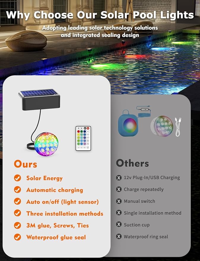 Solar Pool Lights for Inground Pools Waterproof with Remote, Outdoor Solar Lights, RGB 16 Colors Changing Submersible LED Pool Lights for Above Ground Pools Accessories, Pond, Garden (Black,4Pack)
