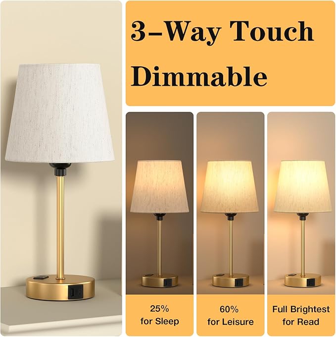 Acaxin Lamp for bedrooms Set of 2 - Nightstand Bedroom Lamp with USB C Port and AC Outlet Charging, 3 Way Dimmable Touch Control Bed Side Table Lamp, Small Night Stand Light for Kids/Guest Room
