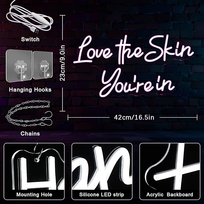 Love the Skin You're in Neon Signs Rose Red Letter Neon Light Facial Spa Neon Light Sign Beauty Salon LED Letter Light for Bedroom Esthetician Yoga Studio Business Dressing Room Wall Decor