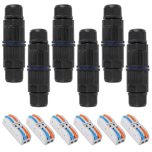 6pcs Upgraded Junction Box Outdoor Waterproof IP68, CDF 2P 2Pole Wire Connector, Replaceable Lever Wire Connectors for AWG 28-12, Quick Screwless Installation Black (2PIN)