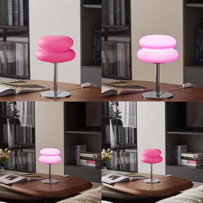 Pink Mushroom Lamp, Mid Century Modern Lamp for Nightstand, Dimmable Retro Egg Tart Bedside Lamps, Home Decor Ambient Lighting Aesthetic Cute Lamps for Bedroom Living Room (NOT Glass)