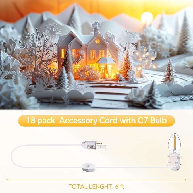 Enhon 18 Pack C7 Accessory Cord with LED Bulb, Each 6 ft Blow Mold Light Cords with On/Off Switch for Christmas Village House Halloween Pumpkin Holiday Ceramic Tree and Craft Projects