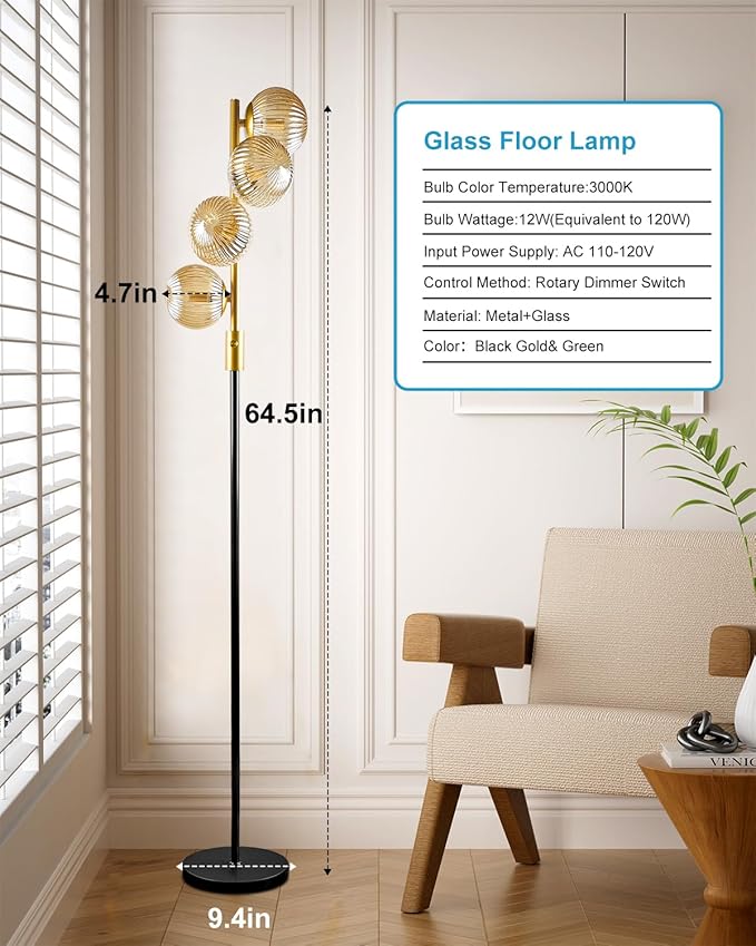 Lightdot 64IN Dimmable Floor Lamp with Glass Globe Shade, Modern Gold &Black Standing Lamps with 4PCS Warm White Bulbs Included, Mid Century Floor Lamp for Living Room/Sofa Beside/Corner Decor