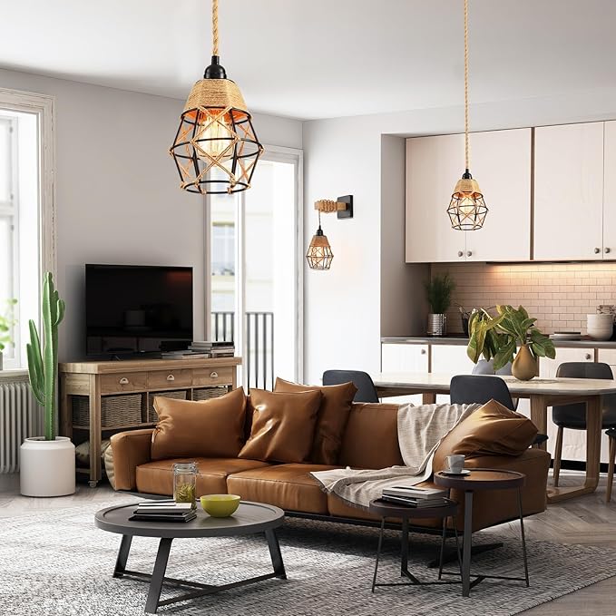 Industrial Hanging Light with Plug in Cord - Hemp Rope On/Off Switch Farmhouse Pendant Light for Dining Room