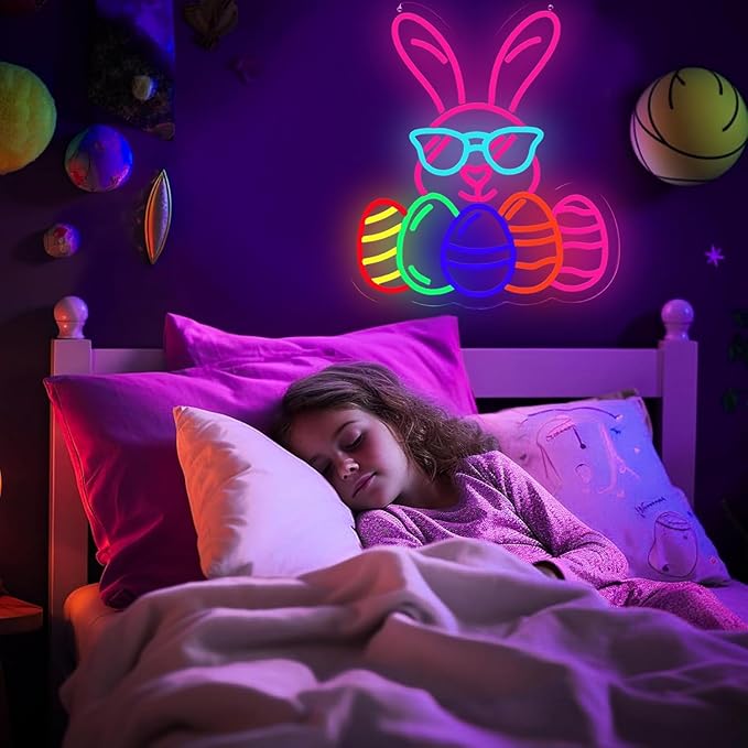 Easter Bunny Egg Neon Signs Decorations, LED Neon Lights Sign for Wall Decor, USB Dimmable Easter Gifts Bunny Wearing Glasses Party Decor for Bedroom Window Door Yard Bar Classroom Church