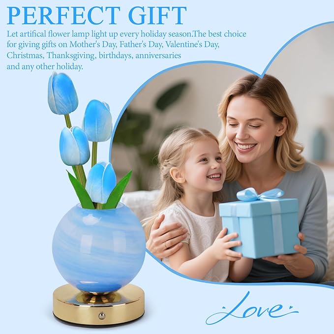 Tulip Table Lamp, Rechargeable Cordless Touch Dimming Artificial Tulip Flower Desk Lamp, LED Flower Bedside Night Light Romantic Gifts for Girl Women Mom (Blue)