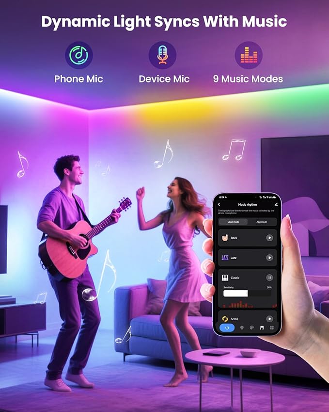 26.25ft RGB+IC LED Strip Lights for 75-100 Inch TV, Backlight Behind TV with Music Sync, Bluetooth APP & Voice Control, 44 Scene Modes, Ambient Lighting for Gaming, Bedroom, Living Room, Mood Lighting