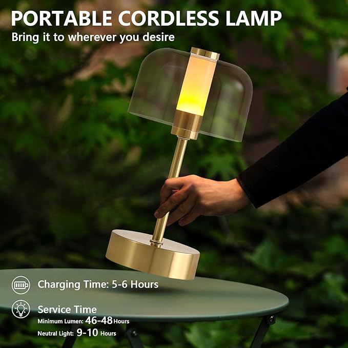 Rechargeable Cordless Table Lamp,Portable Modern LED Night Light,Battery Operated Lamp,3 Color Stepless Dimming Up,for Restaurant/Bedroom/Bars/Outdoor Party/Camping/Coffee Shop