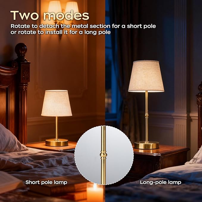 Cordless Table Lamp Rechargeable, LED Table Lamps with Touch Control, Stepless Dimmable Bedside Lamp, 6000mAh Battery Operated USB-C Lamp for Bedroom, Dining, Patio, Small Fabric Lamp Gold 2PCS