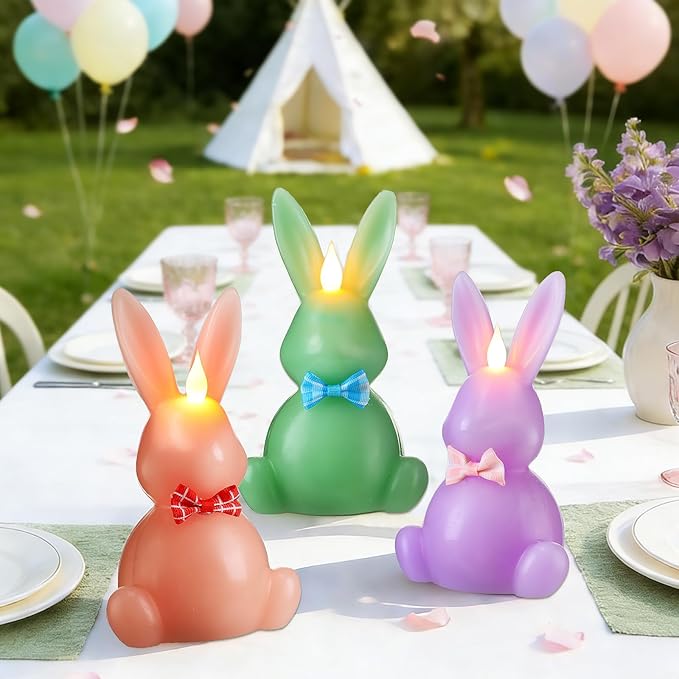 3PCS Easter Bunny Flameless Candles, LED Easter Candles Battery Operated Rabbit-Shaped Real Wax Pink Purple Green,Spring Party Decoration Centerpiece Table Home Decor (No Remote)