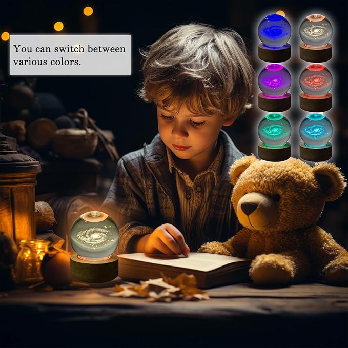 3D Galaxy Crystal Ball Night Light & Planet Lamp - 3.15" Glass Sphere, Automatic Color Change with 16 Colors & 4 Modes - Ideal Decorative Gift for Boy Girls Friends (2-Galaxy, 3.15" (Inch))
