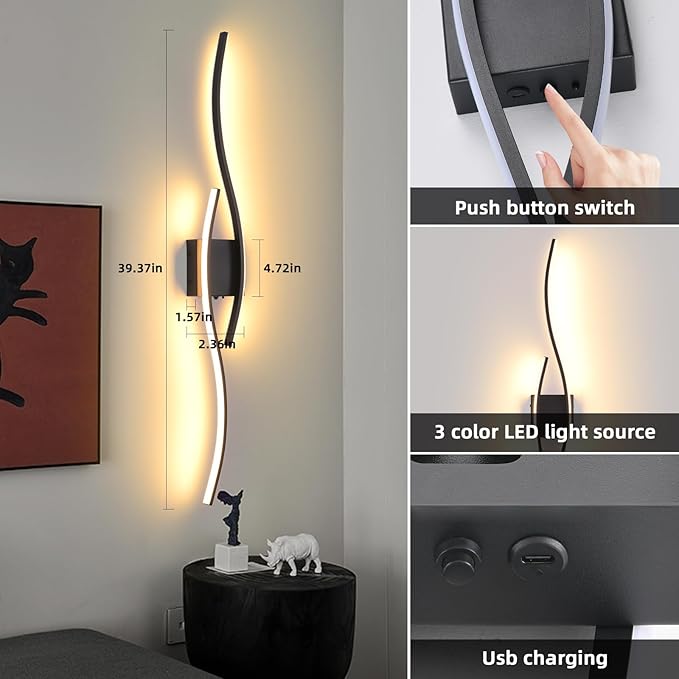 Battery Operated Wall Sconces Set Of Two, 3000K-6500K 39 inch black LED dimmable wireless wall sconce with remote control, USB rechargeable wall lights for Living Room Bedroom Hallway Background