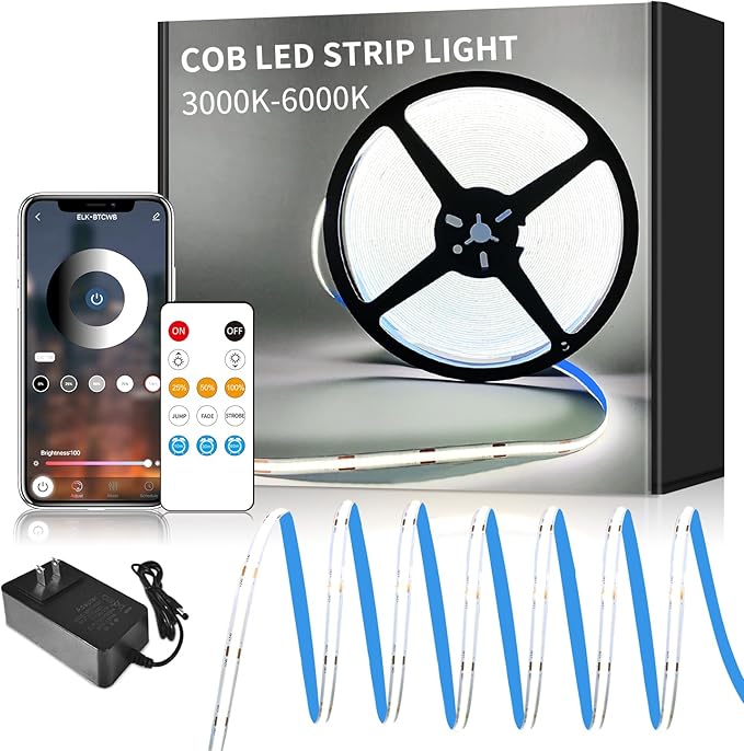 16.4ft COB LED Strip Lights White Dimmable DC 24V 6000K Flexible LED Tape Light for Bedroom, with Remote and app Control LED Tape Lights ，for DIY Home Decoration
