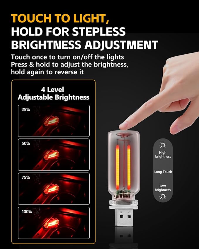 2PCS USB Car Lights, Touch Adjustment Lights, Plug in USB Vehicle Interior Ambient Light, Mini LED Retro Bulb Glass Bottle Night Light for Car, Camping, Holiday Decoration, Party, Bedroom (Red)