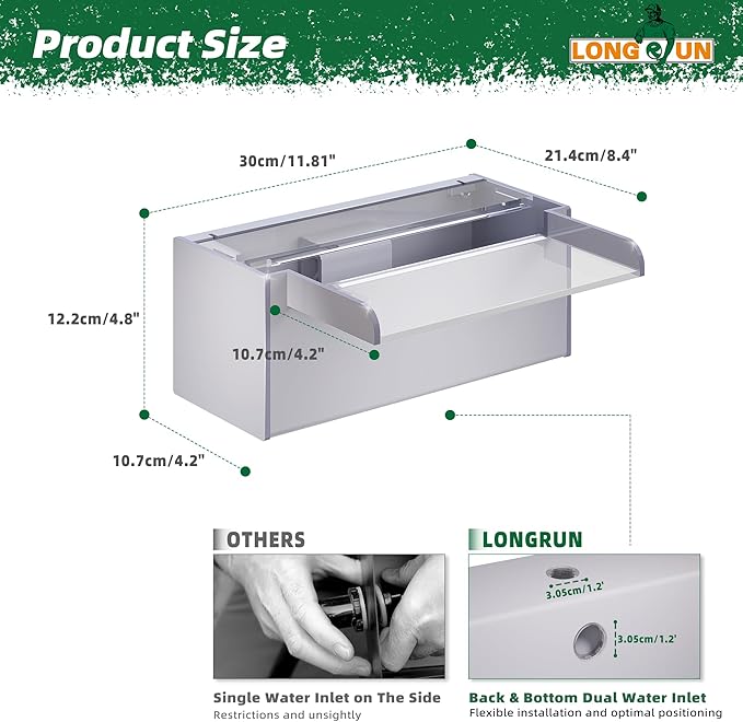 Longrun Pond Waterfall Box with Pump Kit, Transparent Acrylic Pond Waterfall Spillway with 680 GPH 3000L/H Pump for Ponds, Pond Spillway Color-Changing LED Light Strip for Garden (11.8")
