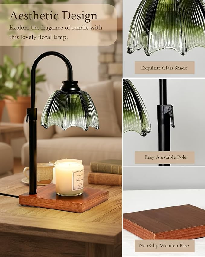 Adjustable Candle Warmer Lamp Dimmable with Timer Vintage Glass Design, Aesthetic Candle Warmer for Large Candles Gifts for Women, Mom,Friend Sister Home/Office Decor (Green Gradient)