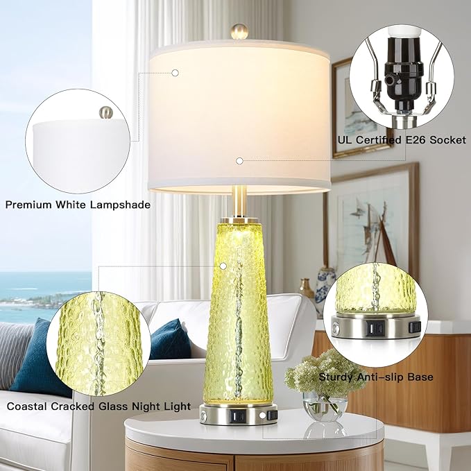 26" Gold Glass Table Lamps for Living Room Set of 2, Modern Bedside Lamp with USB A+C Ports & AC Outlet, Coastal Cracked Glass Nightstand Lamps with 2 LED Night Light for Bedroom End Table Amber Decor