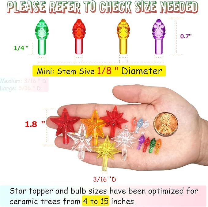 Replacement Lights Bulbs for Ceramic Christmas Tree, 217 PC Mini Twist Light Ornaments for Ceramic Tree, Multicolor Small Flame Pegs Accessories for Crafts, Assorted Colors, 6 Stars Treetops Set