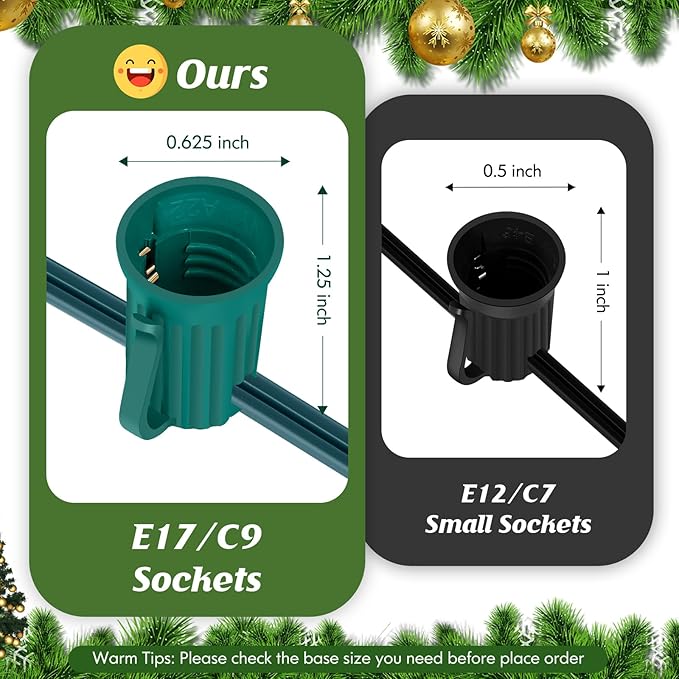 Brightever Commercial Grade 750 FT C9 Lights String, E17 Light Sockets Set Spool, LED C9 Sockets Patio String Lights C9 Strands - 12 Spacing Intermediate Base Green Wire String Lights for Holiday